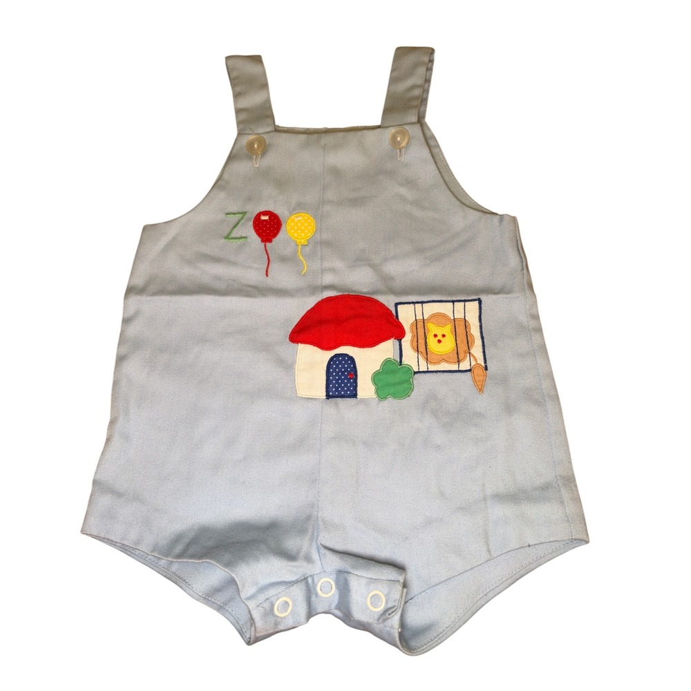 Vintage Baby Boy Zoo Overalls Romper Blue Balloons Birthday Outfit Shortall 12m